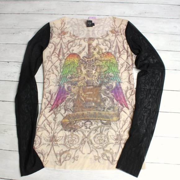 Vintage Womens Graphic Mesh T Shirt Top Size L Tattoo Art Guitar Wings - Picture 3 of 7